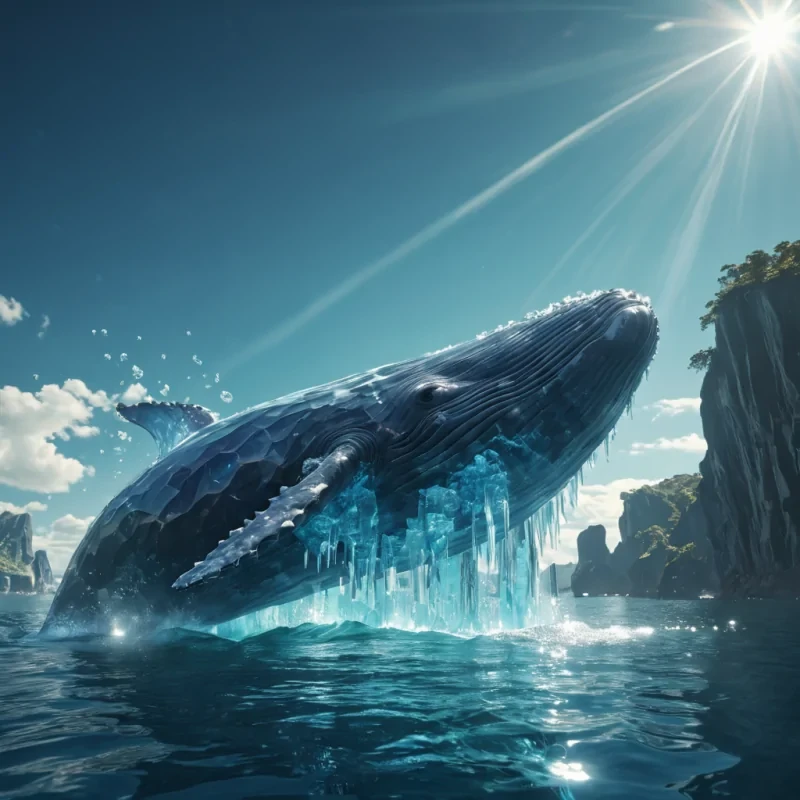 A colossal, levitating crystal formation in the shape of a whale, swimming through a sky filled with floating, luminescent islands, hyperrealistic, ultra HD, cinematic lighting, volumetric lighting, atmospheric effects, lens flare, vibrant colors, detailed textures.