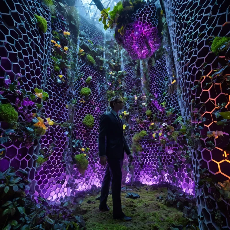 A vertical, lowangle shot of a colossal, suspended vertical garden constructed entirely from interlocking, hexagonal honeycomb modules made of frosted white ceramic, each cell housing a vibrant, nontree ecosystem of glowing moss, trailing ivy, and bioluminescent orchids in shades of electric lime and deep violet. The structure hangs precariously over a deep, misty canyon filled with swirling, iridescent fog that glows with a soft, internal blue light, obscuring the ground far below. Connecting the honeycomb modules are delicate, translucent cables that pulse with a rhythmic, amber light, resembling neural synapses transmitting data. In the foreground, a figure wearing a sleek, formfitting suit made of reflective, chromepl