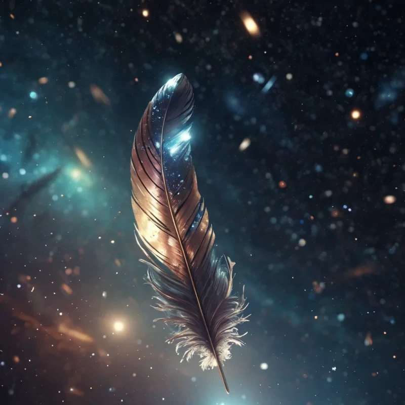 A lone, colossal, metallic feather suspended in the void of space, its surface reflecting a cosmic tapestry of distant galaxies, hyperrealistic, 4K, cinematic lighting, volumetric lighting, atmospheric effects, dynamic lighting, bokeh effect, soft focus, lens flare, metallic tones, detailed textures.