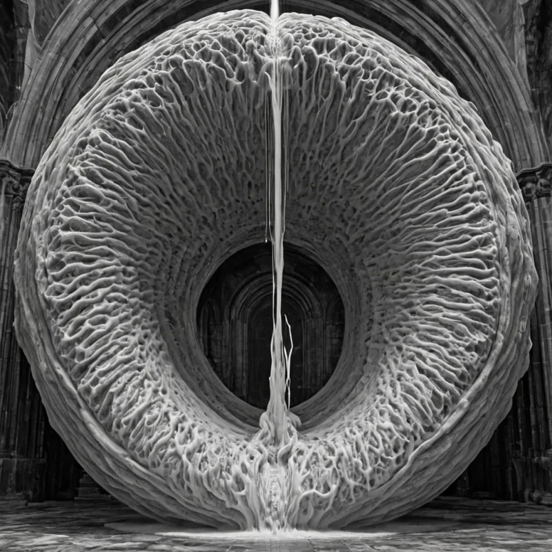 A single, selfsiphoning vortex of inverted humidity, shaped like a 34dimensional torus of unformed condensation and reversed evaporation, rotates at the center of a vast, inverted cathedral of solidified breatheach column carved from the petrified instant between a gasp and its retraction, a sigh and its containment, a lungs expansion and its forced stillness in a world where air was not breathed, but preserved in perfect, suspended tension. The vortex does not drainit unmoists, each spiraling filament shedding a layer of aqueous potential that never coalesced into a shared mist, reforming into ephemeral, jadeveined afterimages shaped like the negative space between two