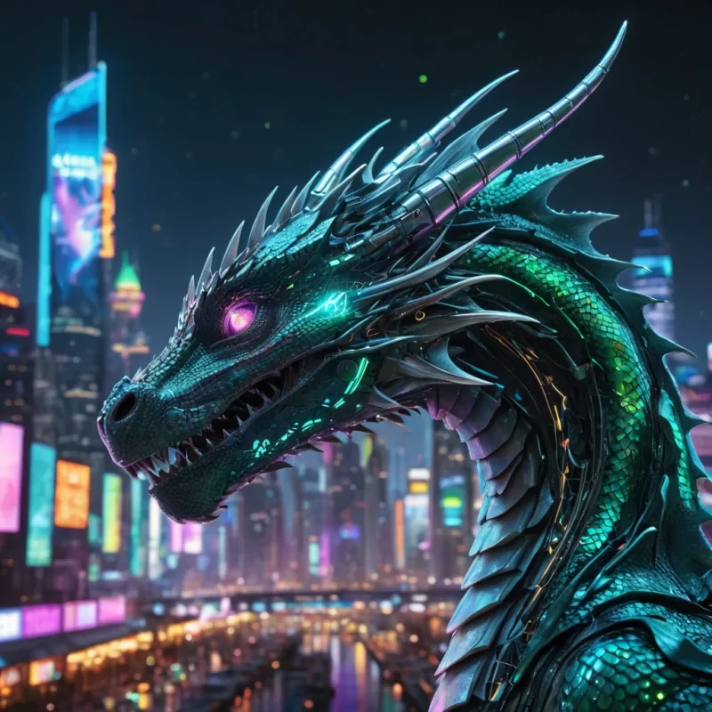 A hyperrealistic, 4K, ultra HD portrait of a cybernetic dragon, its iridescent scales shimmering with the colors of a neondrenched futuristic city at night. The dragons eyes, a deep, enigmatic emerald, hold the secrets of a thousand digital realms. Its wings, a cascade of shimmering, holographic circuitry, gently pulse with each beat of its mechanical heart. The background is a surreal, hightech skyline filled with floating holographic advertisements and the soft glow of neon signs. Cinematic lighting accentuates the dragons otherworldly beauty, while a subtle bokeh effect blurs the neonlit cityscape, creating an intimate, focused atmosphere.