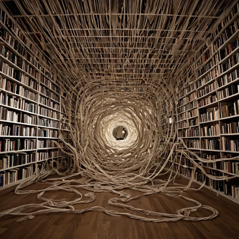 A single, selfoscillating filament of reversed language, shaped like a 739dimensional tangle of unformed syntax and inverted semiotics, pulses at the center of a vast, inverted library of solidified silenceeach bookshelf carved from the exact moment between a word being spoken and its refusal to be understood, a sentence forming and dissolving into nonsemantic dust, a story being written and collapsing into pure, untranslatable void. The filament does not communicateit uncommunicates, each fraying strand shedding a layer of linguistic potential that never coalesced into a shared meaning, reforming into ephemeral, amethystthreaded afterimages shaped like the negative space between two tongues that never met to form a