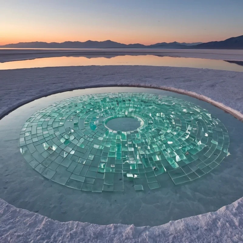 A photorealistic, highangle wide shot of a vast, circular amphitheater constructed entirely from interlocking, translucent blocks of frosted sea glass in varying shades of pale turquoise, lavender, and soft rose, set within a landscape of smooth, windsculpted white salt flats. The floor of the arena is a shallow, perfectly still basin of clear water that acts as a mirror, reflecting the glass walls and the sky above with crystalline precision. Floating above the waters surface, in perfect geometric alignment, are hundreds of delicate, wireframe sculptures shaped like oversized, abstract musical notes, crafted from thin, glowing strands of copper wire that emit a warm, amber luminescence. The sky is a deep, gradient twilight blue,