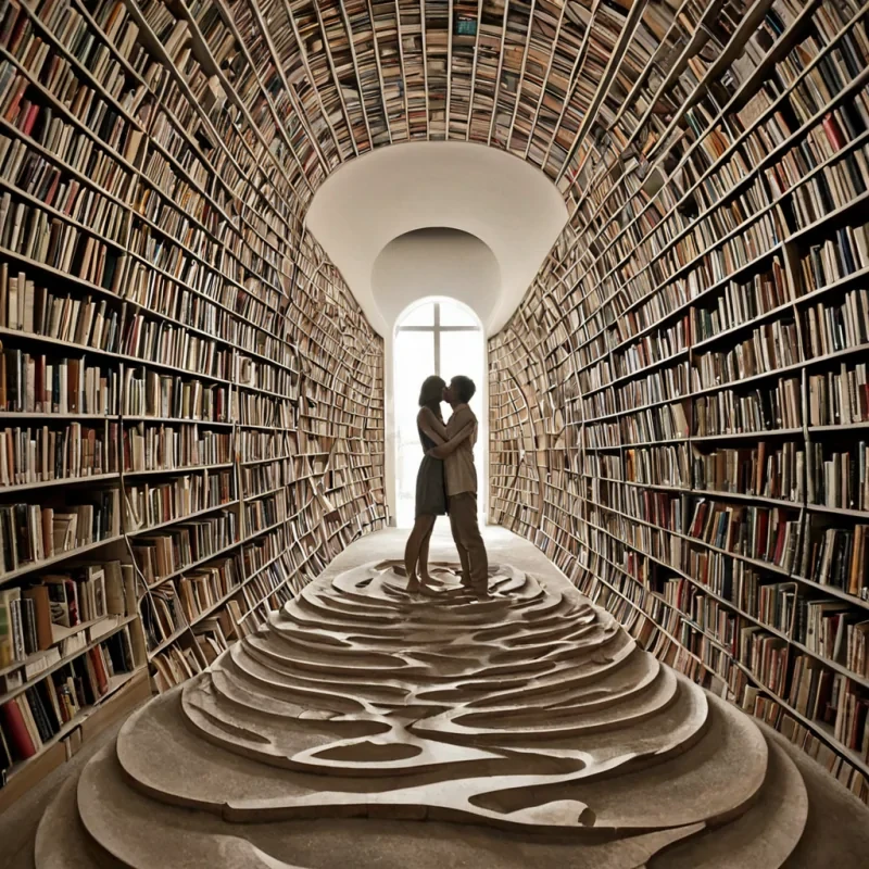 A single, selfentangling thread of solidified empathy, shaped like a Mbius strip of reversed emotional resonance, drifts at the center of a vast, inverted library built from the compressed, unspoken confessions of a civilization that communicated through the duration of synchronized, silent holding hands. The thread does not connectit unfeels, each twist dissolving a layer of compassion that never coalesced into a shared gesture, reforming into ephemeral, rosequartz veined afterimages shaped like the negative space between two palms that never pressed together in the same moment of mutual understanding. The library is not literaryit is a layered expanse of petrified intimacy, each bookshelf etched with the tactile residue of a touch