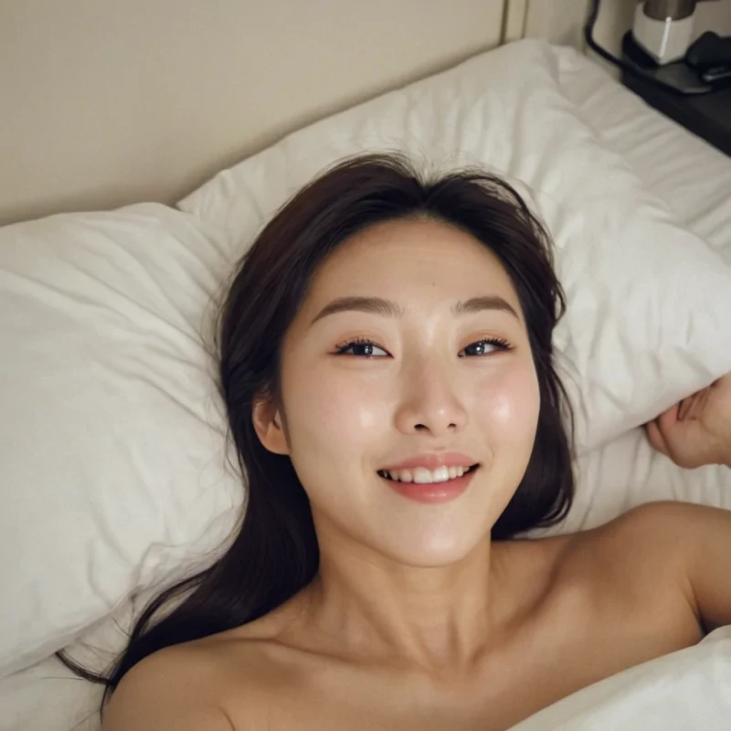 Selfie of a cute 30 years old korean woman taken while laying in bed on her back. She is looking into the camera and winks.