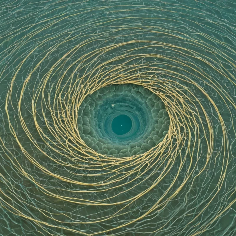 A single, selfoscillating filament of solidified quantum resonance, shaped like a spiraling, nonNewtonian tangle of reversed entropy, pulses at the center of a vast, inverted lagoon suspended in the thermodynamic limbo between two collapsing wavefunctions. The filament does not vibrateit unresonates, each twist unraveling a layer of coherence that never stabilized into a particle, reforming into ephemeral, prismatic fractures shaped like the negative space between two hands that never touched in the same moment of mutual collapse. The lagoon is not liquidit is a layered expanse of petrified superposition, each ripple etched with the entanglement residue of a decision that was almost made, its surface