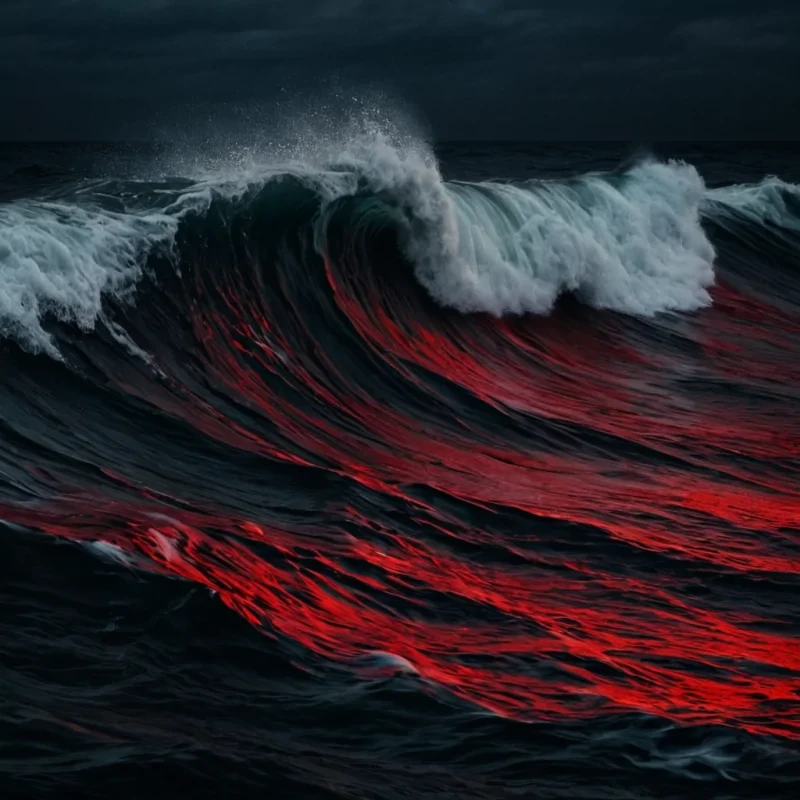 Un mar rojo en una oscura noche, el agua es mas densa de lo comun y genera olas en ondas lentas, todo en tono de pesadilla