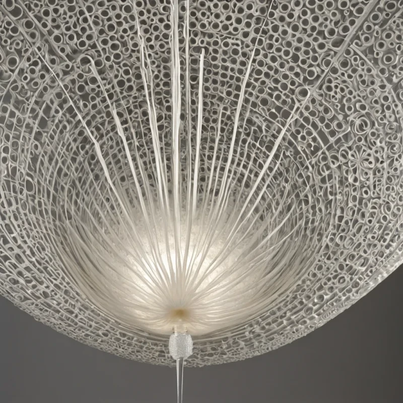 A hyperrealistic, isometric closeup of a delicate, floating instrument made of woven spider silk and polished moonstone, shaped like a tuning fork but with three prongs instead of two. The instrument is suspended in a zerogravity chamber where the air is replaced by a dense, slowmoving gel of pale, pearlescent foam. Each time the fork is struck by an invisible force, it does not vibrate but instead ripples the foam into concentric, solid rings that harden into intricate, lacelike geometric patterns, creating a rapidly expanding sculpture of translucent, bubblelike walls. The lighting is soft and diffused, emanating from within the foam itself, casting no shadows but creating a gentle, glowing halo around the instrument.