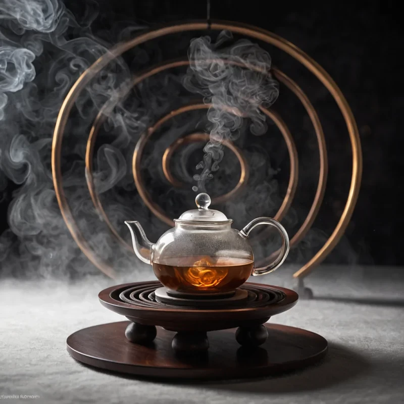 A photorealistic, lowangle macro shot of a solitary, intricate tea ceremony setup on a floating platform of dark, polished mahogany suspended in a void of swirling, iridescent mist. The central focus is a traditional ceramic teapot, but its body is crafted from a single, seamless piece of translucent, smoked quartz that reveals a miniature, frozen storm cloud swirling within its hollow interior. Steam rising from the spire does not dissipate but coalesces into delicate, solidified rings of vapor that hover in perfect concentric circles around the pot, each ring embedded with tiny, glowing amber beads. In the background, softfocus geometric shards of floating metal drift slowly, reflecting the warm, golden ambient light that illuminates the scene from below
