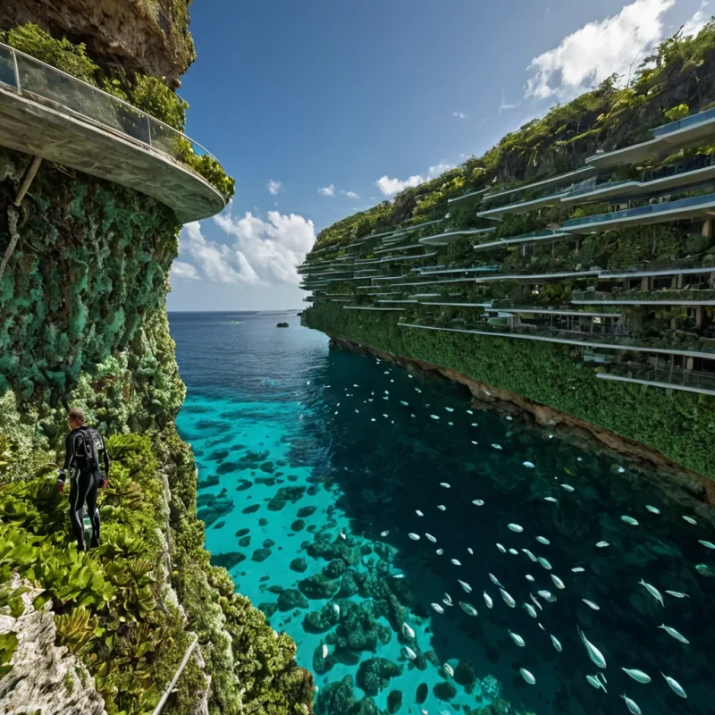 A horizontal, eyelevel wide shot of a sprawling, vertical garden city built into the sheer, mosscovered cliffs of a towering coral reef that rises from a shallow, crystalclear lagoon under a bright, cloudless sky. The architecture consists of organic, curvilinear structures made from polished white shell fragments and transparent hydroglass, connected by slender, cablesuspended walkways that sway gently in the breeze. Sunlight filters through the clear water below, creating dancing caustic patterns on the cliff face and illuminating the vibrant turquoise and emerald hues of the surrounding marine life. In the foreground, a figure wearing a lightweight, aerodynamic diving suit with integrated gillslits on the neck stands on a narrow stone balcony, holding a