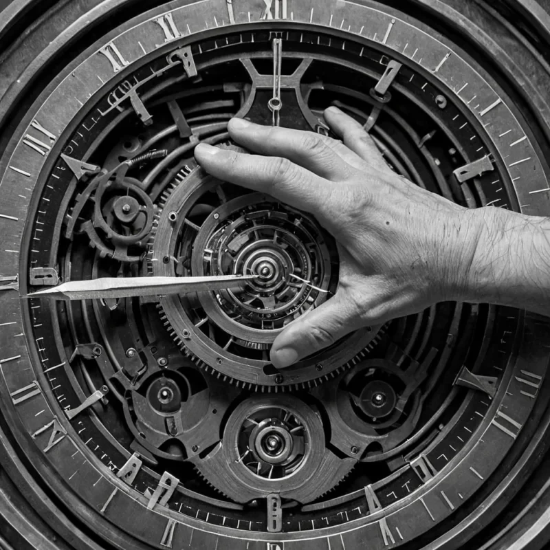 A single, selfresonating membrane of compressed time, shaped like a 913dimensional helix of unformed chronology and inverted causality, rotates at the center of a vast, inverted clockwork of solidified motioneach gear forged from the exact moment between a hand turning a dial and its refusal to advance, a pendulum swinging and its sudden collapse into motionless metal, a second hand ticking and dissolving into a void that never measured duration. The membrane does not ageit unages, each spiral shedding a layer of temporal potential that never coalesced into a shared now, reforming into ephemeral, topazthreaded afterimages shaped like the negative space between two wrists that never held a watch. The air