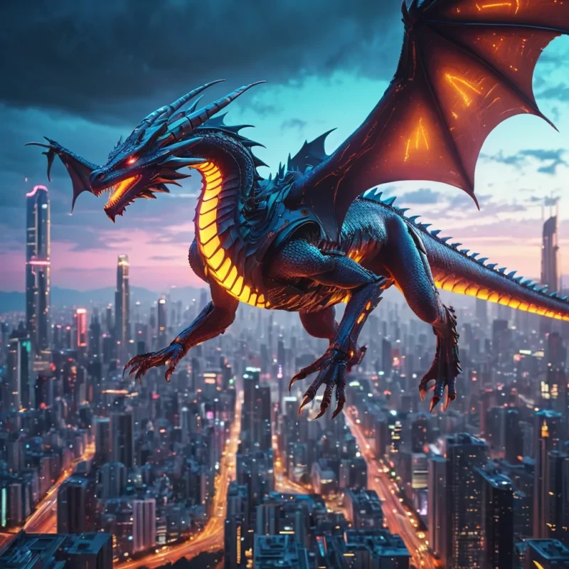 A levitating, neonlit cybernetic dragon soaring over a sprawling, futuristic metropolis at dusk, hyperrealistic, 4K, atmospheric effects, dynamic lighting, bokeh effect, vibrant colors, detailed textures.