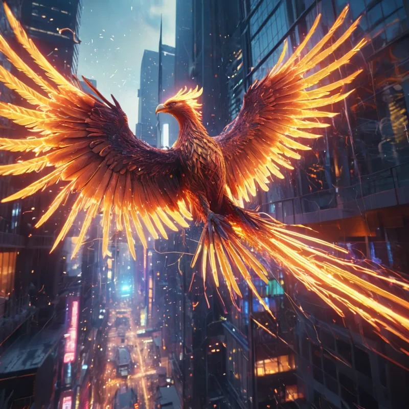 A cybernetic phoenix soaring through a neondrenched, vertical cityscape, its feathers trailing circuits and sparks, hyperrealistic, 4K, cinematic lighting, volumetric lighting, atmospheric effects, dynamic lighting, bokeh effect, soft focus, lens flare, vibrant colors, detailed textures.