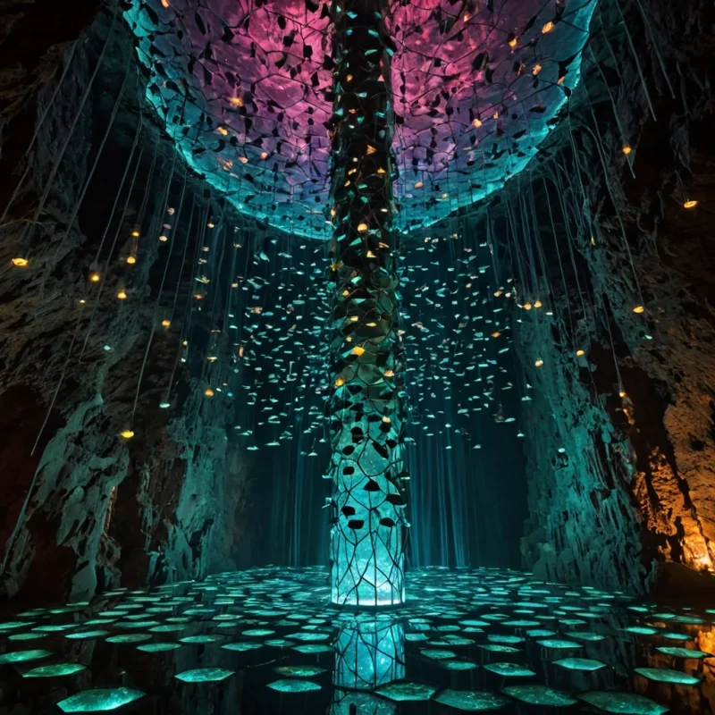 A horizontal, eyelevel wide shot of a vast, subterranean cavern where the floor is composed entirely of millions of interlocking, translucent hexagonal amber tiles that glow with a warm, honeyed internal light, revealing intricate, fossilized botanical veins beneath the surface. Rising from the center of this luminous grid is a colossal, spiraling tower constructed from seamless, polished obsidian, its dark, mirrorlike surface reflecting the bioluminescent moss clusters that cling to the cavern walls in vibrant shades of electric teal and soft violet. Suspended in the humid, mistladen air around the tower are hundreds of delicate, floating lanterns made of thin, iridescent dragonfly wings, each emitting a soft, pulsing pink glow that