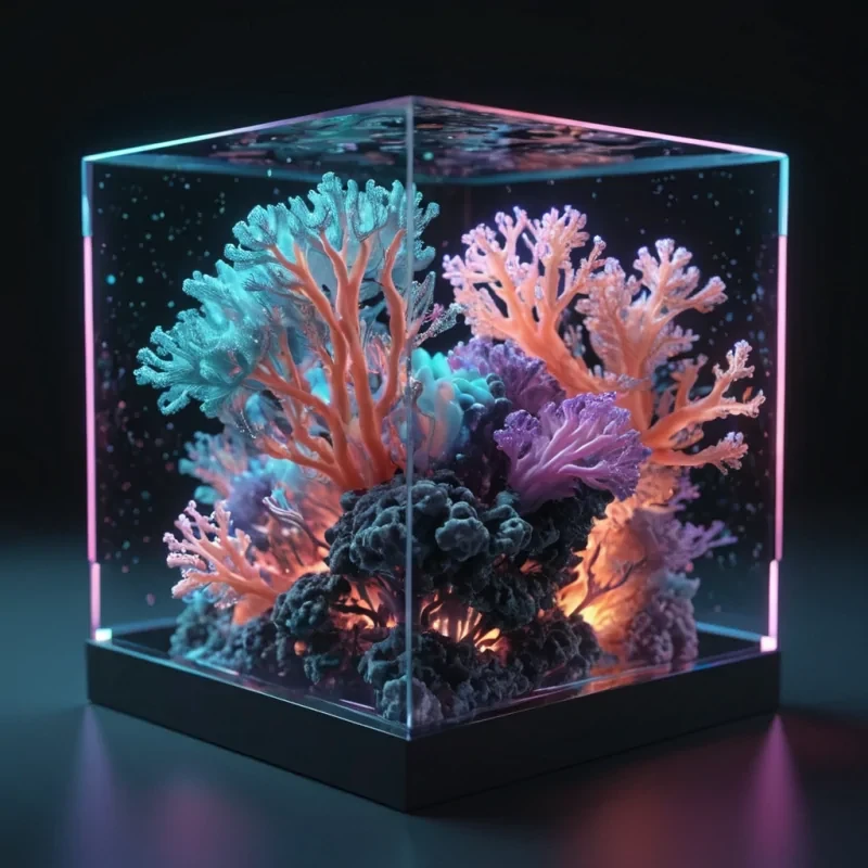 Hyperrealistic neon corals with reflective metallic tendrils swaying in a cubic obsidian chamber filled with ethereal quantum mist, holographic filaments floating in volumetric lighting, soft focus, pastel tones, 4K