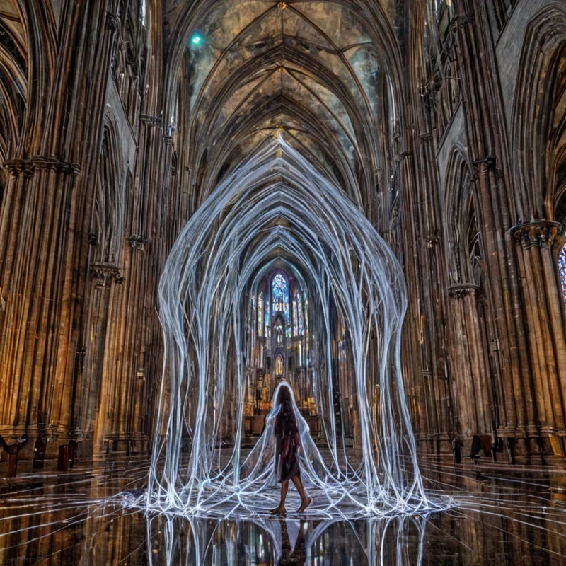 A single, selfilluminating thread of solidified laughter weaves through the core of a floating, inverted cathedral of mirrored silence suspended in the quantum vacuum between two collapsing time loops. The thread does not vibrateit unlaughs, each pulse unraveling a moment of joy into its original stillness, releasing a wave of zeroentropy euphoria that fractures the fabric of emotion into a shimmering mist of prismatic, crystalline breaths, each one etched with the chromatic afterimage of a smile that never formed in a world that never existed. The cathedrals spires are not builtthey are grown from the thermal residue of unshared confessions whispered into the void between stars, each arch a hollowedout