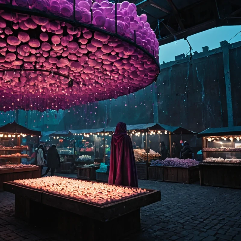 A horizontal, eyelevel wide shot of a surreal, highaltitude bazaar constructed entirely from suspended, translucent ribbons of solidified cloud and iridescent soap film, drifting through a sky painted in gradients of deep magenta and electric teal. The market stalls are not built but grown, appearing as delicate, crystalline structures made of spun sugar and frosted mica that refract the ambient light into shifting prisms. In the foreground, a vendor with skin textured like smooth, polished river stones wears a voluminous cloak woven from thousands of tiny, interlocking copper gears that click softly with movement. They stand on a floating platform of dark, matte obsidian, offering small, glowing orbs of captured starlight to a customer whose face is hidden