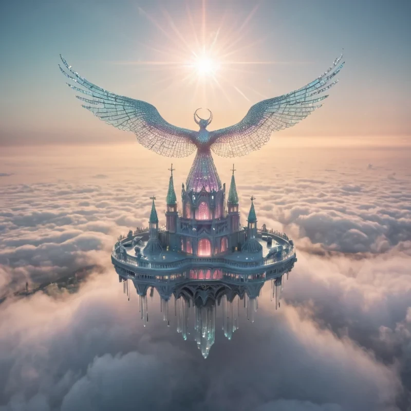 A levitating, crystal palace floating above a sea of clouds, its walls adorned with shimmering, iridescent mosaics, while ethereal, winged beings dance in the mist, hyperrealistic, ultra HD, cinematic lighting, volumetric lighting, atmospheric effects, dynamic lighting, bokeh effect, soft focus, lens flare, pastel tones, detailed textures.