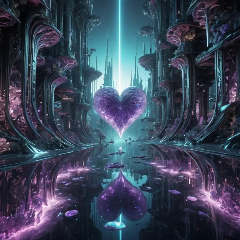 Photorealistic, monolithic, crystalline, inverted, aquatic metropolis, its hyperrealistic, 4K, fractal, waterkissed structures unfurling ultra HD, suspended in zero gravity, with fluidic ecosystems. Volumetric lighting from unseen, pulsating, bioluminescent hearts etches the citys ethereal, geometric architecture, casting intricate, dynamic, neon shadows on the inverted, reflective void. Cinematic lighting bathes the scene in vibrant, aquatic hues, with lens flare emphasizing the citys central, radiant, throbbing, amethyst heart, pulsating with captive, alien, geothermal energy.