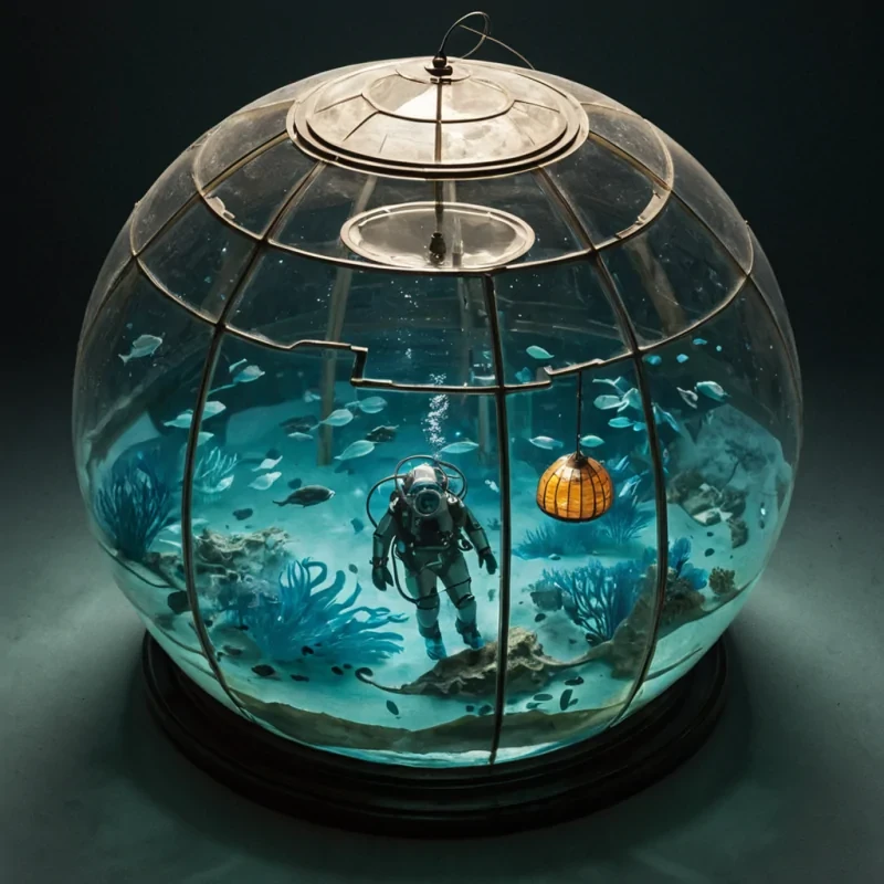 A horizontal, eyelevel wide shot of a submerged, ancient archive located within a vast, pressurized sphere of clear hydrogel, where the floor is a grid of floating, rectangular slabs of frosted glass that emit a soft, bioluminescent azure glow. Suspended in the gel are thousands of delicate, origamistyle paper boats crafted from translucent vellum, each containing a miniature, fully realized scene of a different historical era rendered in watercolor. In the center, a figure wearing a streamlined, pearlwhite diving suit with articulated joint armor slowly swims upward, holding a lantern that projects beams of warm, amber light, illuminating the intricate details of a nearby boat depicting a bustling Victorian street. The atmosphere is serene and weight