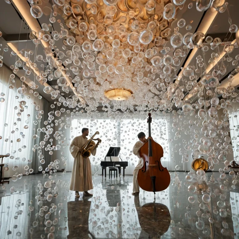 A horizontal, eyelevel wide shot of a surreal, silent concert hall where the seating consists of hundreds of suspended, transparent soap bubbles of varying sizes, each containing a miniature, fully furnished living room scene in midcentury modern style. The floor is a vast, undulating surface of rippling, liquid chrome that mirrors the ceiling, which is a swirling vortex of soft, pastelcolored smoke clouds. In the center of the room, a solitary musician wearing a flowing robe made of woven light fibers plays a double bass constructed from hollowedout crystal and brass tubing. The air is filled with floating, golden musical notes that manifest as solid, glowing geometric shapes, drifting lazily toward the ceiling. The lighting is ethereal and diffused, with soft beams