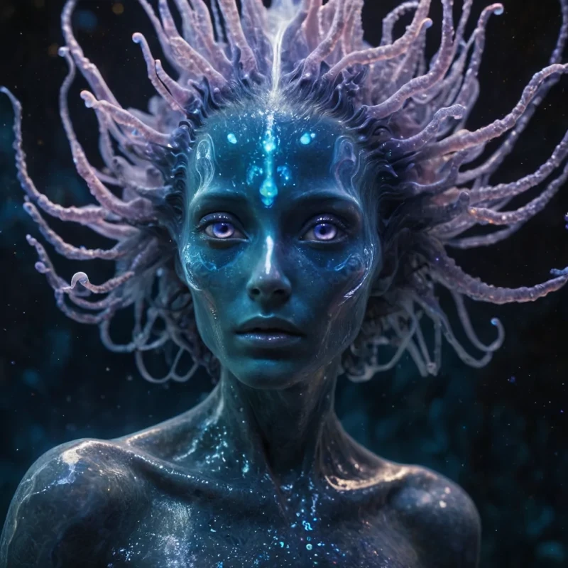 A hyperrealistic, 4K, ultra HD portrait of a mysterious, ethereal being with iridescent skin that shimmers like liquid opal. The beings eyes, a deep, hypnotic indigo, seem to swirl with cosmic nebulae. Their hair, a cascade of bioluminescent fractals, gently pulses with an otherworldly glow. The background is a surreal, underwater landscape of vibrant hydrothermal vents and bioluminescent creatures, with shafts of ethereal light filtering through the waters surface. Cinematic lighting accentuates the beings otherworldly features, while a soft focus blurs the alien aquatic surroundings, creating an enchanting atmosphere.