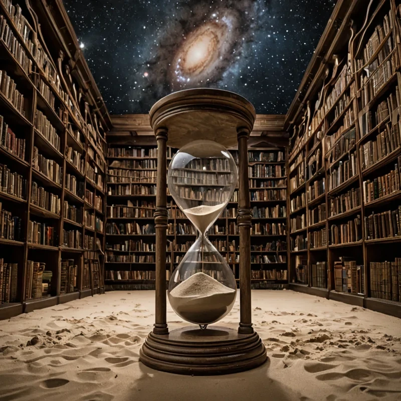 A single, translucent hourglass floats in the center of a vast, inverted library suspended in the vacuum between galaxies, its sand not granular but composed of solidified moments of laughter from a civilization that never existedeach grain a perfect, frozen smile, etched with the faint, shimmering outline of a childs hand midgesture, as if caught in the act of pointing at a star that never burned. The hourglass does not run backward or forwardit pulses in slow, rhythmic sync with the heartbeat of a universe that forgot how to dream. The library itself is not built of books, but of hollowedout planets, each one a bound volume of compressed silence, their covers forged from the emotional residue of unspoken goodby