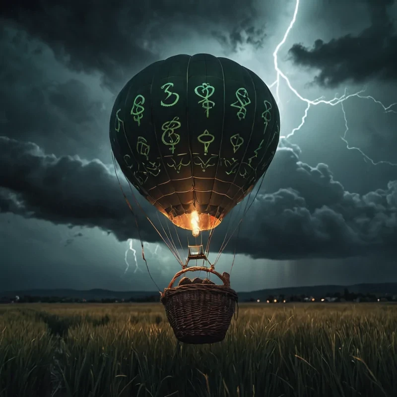 A lone, sentient hot air balloon drifts through a stormy night sky, its wicker basket adorned with ancient, glowing runes that cast an eerie light on the surrounding clouds, hyperrealistic, 8K, cinematic lighting, volumetric lighting, atmospheric effects, dynamic lightning strikes, bokeh effect, soft focus, lens flare, deep blacks, stormy grays, and eerie greens, detailed textures.