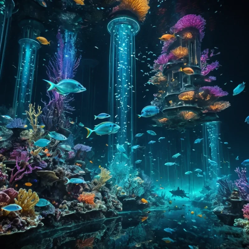 An underwater, bioluminescent metropolis, teeming with sentient, iridescent marine life, illuminated by ethereal, pulsating light sources, captured in Ultra HD with dynamic lighting and vibrant colors.