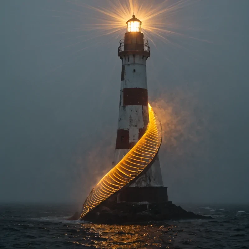 A single, selfunfolding filament of frozen sunlight pulses through the core of a floating, inverted lighthouse built from the thermal afterimage of a thousand unlit beacons that never guided the ships of a world that never sailed. The filament does not illuminateit unburns, each pulse dissolving a moment of navigation into its original darkness, releasing a wave of negative luminescence that fractures the fabric of direction into a drifting mist of amber, geometric flares, each one etched with the chromatic residue of a name that never echoed across the horizon of a sea that never held a vessel. The lighthouses spiral staircase is not ascendingit is suspended in midunwinding, each step a hollow echo of a journey that never