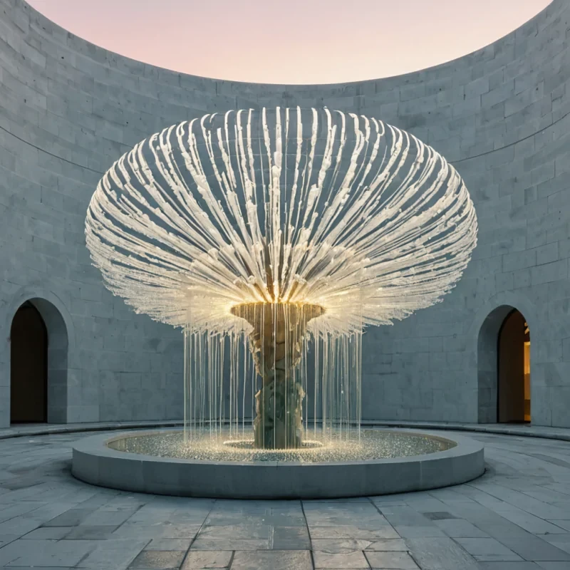 A horizontal, eyelevel medium shot of a pristine, circular courtyard paved with interlocking tiles of polished, pale moonstone, surrounded by towering, seamless walls of frosted, textured glass that diffuse the soft, pastel dawn light into a gentle, ethereal haze. In the center stands a solitary, intricate fountain structure composed of stacked, translucent layers of amberhued resin and brushed silver metal, from which streams of viscous, slowmoving liquid gold spiral upwards in defyinggravity helixes, catching the light to create sharp, linear flares. The air is filled with thousands of tiny, spherical drones made of matte white ceramic and glowing cyan LEDs, hovering in a dense, synchronized cloud that mimics the movement of a murmuring flock
