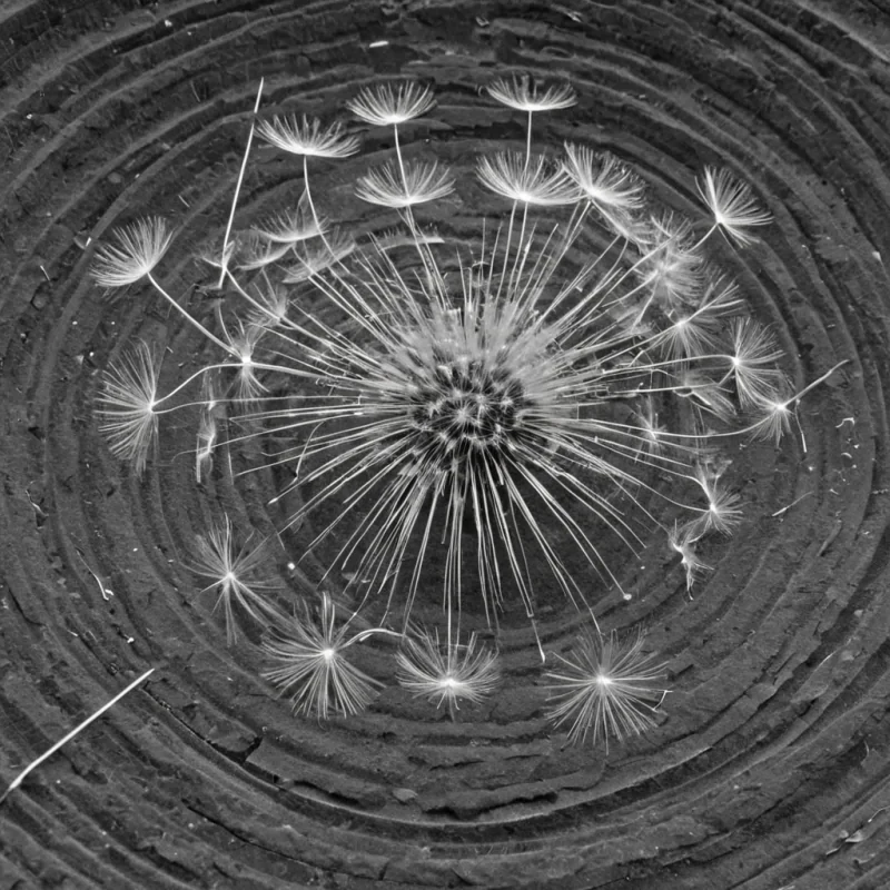 A single, selfsustaining dandelion of solidified static blooms at the center of a vast, still amphitheater carved from the hollowedout core of a dormant black hole, its seeds not fluffy but crystalline shards of compressed radio silence, each one etched with the faint, ghostly script of a message never sent. The dandelion does not grow upwardit expands outward in perfect geometric symmetry, its stem not plant matter but a single, coiled filament of solidified time, humming with the frequency of a decision deferred. The amphitheaters seats are not stone, but layers of frozen soundwaves from a thousand unrecorded apologies, arranged in concentric rings that pulse faintly with the emotional resonance of a