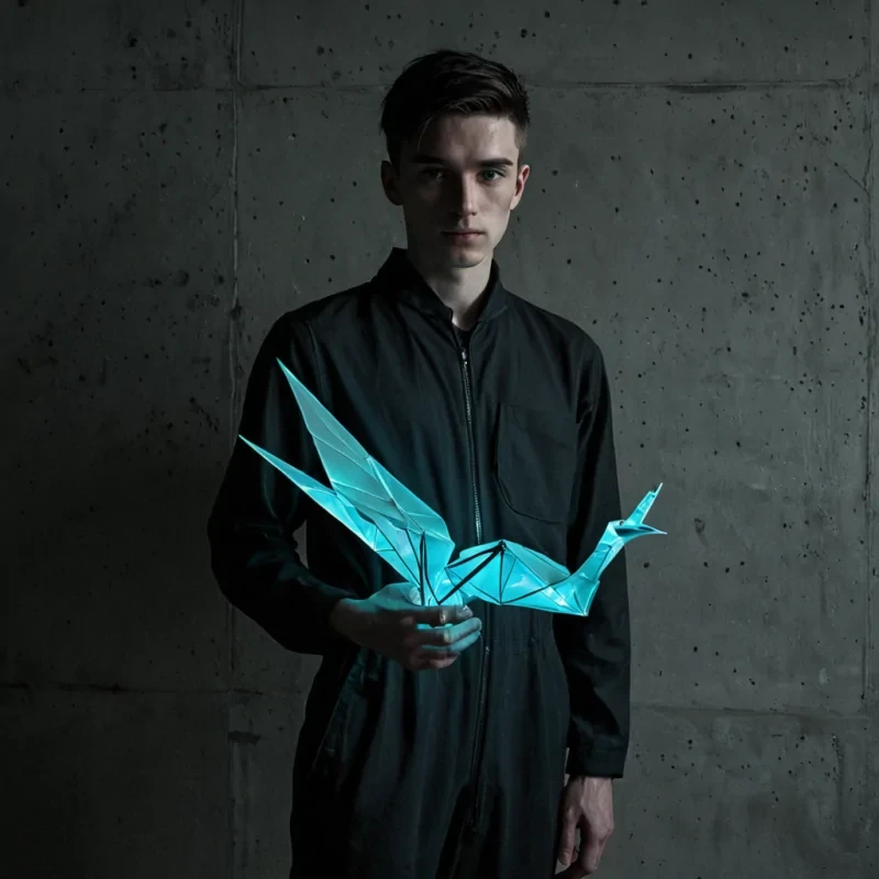 A vertical, eyelevel photorealistic portrait of a young man with smooth, pale skin and short, cropped charcoal hair, standing in a dimly lit, minimalist room with walls of raw, unfinished concrete. He is wearing a sleek, tailored jumpsuit made of matte black technical fabric that features subtle, glowing cyan seams running along the joints. In his hands, he gently holds a large, complex origami crane made of thin, translucent sheets of ambercolored resin that glow from within with a warm, honeylike light. The crane is perfectly balanced on his palms, and its wings are slightly spread, casting intricate, sharp geometric shadows across his face and chest. The lighting is dramatic and moody, with a single, cool, bluetoned