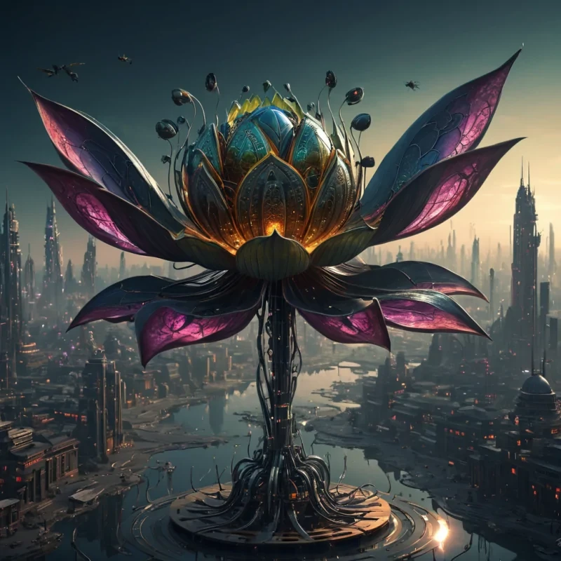 A colossal, ancient, mechanical lotus, its metallic petals unfurling to reveal a labyrinthine, neonlit city within, blooms from the heart of a vast, undulating, obsidian plain. Suspended within the lotus stamen, a holographic, sentient, mechanical swarm of dragonflies dances, casting ephemeral shadows on the citys inhabitants sentient, robotic, reptilian creatures. Rendered in ultra HD, with volumetric lighting, atmospheric effects, and vibrant colors, evoking a sense of surreal, otherworldly wonder.