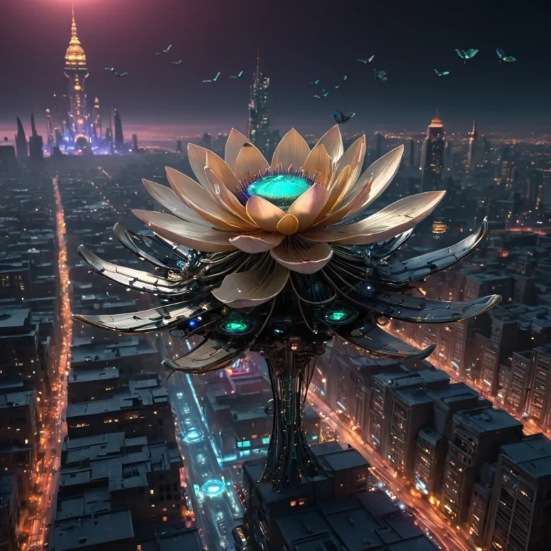 A colossal, ancient, mechanical lotus, its metallic petals unfurling to reveal a labyrinthine, neonlit city within, blooms from the heart of a vast, undulating, obsidian plain. Suspended within the lotus stamen, a holographic, sentient, mechanical swarm of dragonflies dances, casting ephemeral shadows on the citys inhabitants sentient, robotic, reptilian creatures. Rendered in ultra HD, with volumetric lighting, atmospheric effects, and vibrant colors, evoking a sense of surreal, otherworldly wonder.