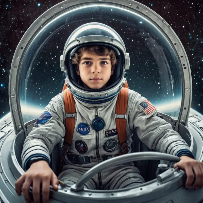 teenage boy riding in a spaceship looking forward into the oncoming stars wearing a space suit and helmets..
