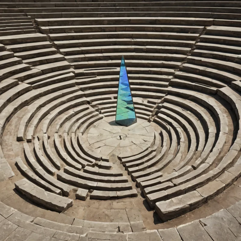 A single, selfilluminating shard of liquid shadow, shaped like a fractured, nonEuclidean prism of inverted light, hovers at the center of a vast, still amphitheater built not from stone, but from the solidified echoes of unspoken words that never found a voice. The shard does not refractit unwords, each facet dissolving a layer of meaning that never coalesced, reforming into ephemeral, iridescent glyphs shaped like the negative space between two tongues that never touched in the same breath of articulation. The amphitheater is not for performanceit is a layered expanse of petrified intention, each tier etched with the phonetic residue of a sentence that was almost spoken