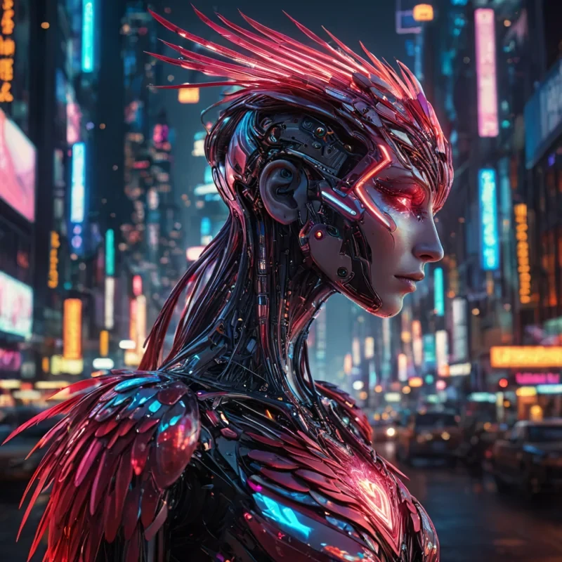 A hyperrealistic, 4K, ultra HD portrait of a cybernetic phoenix, its iridescent feathers shimmering with the colors of a neondrenched futuristic city at night. The phoenixs eyes, a deep, enigmatic ruby red, hold the secrets of a thousand digital rebirths. Its body, a cascade of shimmering, holographic circuitry, gently pulses with each beat of its mechanical heart. The background is a surreal, hightech skyline filled with floating holographic advertisements and the soft glow of neon signs. Cinematic lighting accentuates the phoenixs otherworldly beauty, while a subtle bokeh effect blurs the neonlit cityscape, creating an intimate, focused atmosphere.