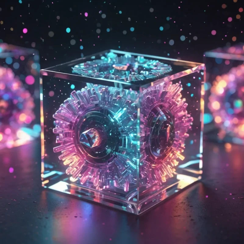 Hyperrealistic neon quarks with reflective metallic edges pulsating in a cubic zirconium chamber filled with luminescent quantum streams, holographic particles floating in volumetric lighting, bokeh effect, pastel tones, 4K