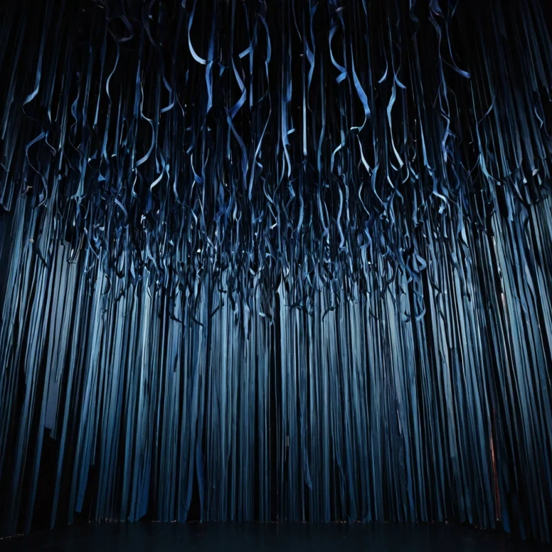 A hyperrealistic, eyelevel macro shot of a dense, vertical curtain of suspended, rigid, translucent ribbons made of compressed, dried honeycomb structure, hanging from an unseen ceiling in a vast, empty, dark void. The ribbons are not uniform some are straight, others are twisted into tight, complex Mbius strips, and some are fractured into jagged, angular shards that float in a static field, defying gravity. Each ribbon is infused with a slowmoving, viscous fluid in a deep, saturated indigo hue, which pulses with a faint, internal warmth, creating a subtle, rhythmic glow that contrasts with the cool, dark ambient light. Interspersed among the hanging ribbons are hundreds of tiny