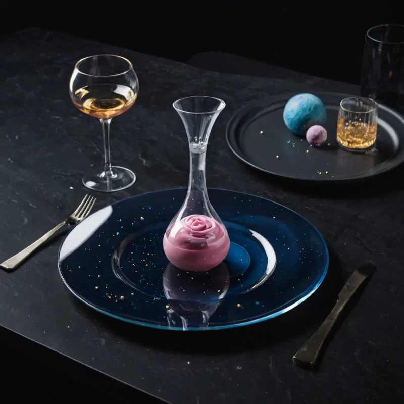 A hyperrealistic, cinematic wide shot of a suspended, zerogravity dining table floating in a void of deep, abyssal navy blue. The table surface is made of seamless, polished black granite, reflecting the scene above with mirrorlike precision. Arranged on the table is a single, elegant place setting for one a pristine, bonechina plate with a delicate, raised rim, holding a small, perfectly spherical dessert made of solidified, clear glass that contains a trapped, swirling nebula of pastel pink and electric blue gas. Beside the plate rests a crystal glass tumbler filled with a viscous, golden liquid that defies gravity, forming a stable, levitating column that extends upward into the darkness. A pair of