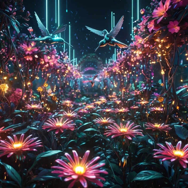 A sprawling, neonlit cybernetic garden where metallic flowers bloom and hummingbirdlike drones pollinate, hyperrealistic, 4K, cinematic lighting, volumetric lighting, atmospheric effects, dynamic lighting, bokeh effect, soft focus, lens flare, vibrant colors, detailed textures.