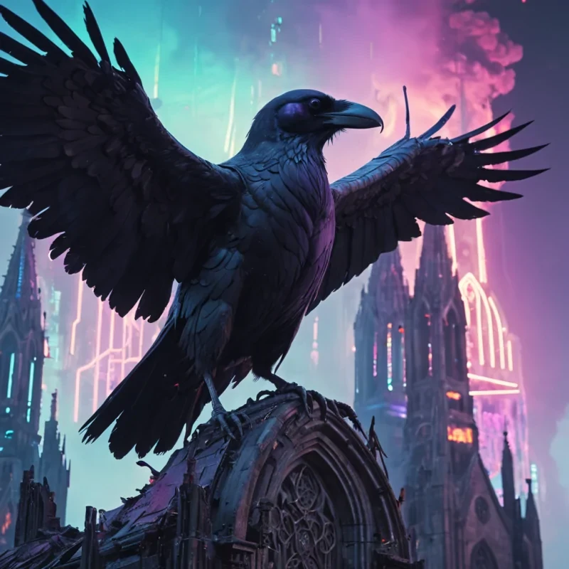 A neonlit, cybernetic raven perched on a crumbling gargoyle atop a cyberpunk cathedral, as holographic prayers drift upwards into a polluted, smogfilled sky, hyperrealistic, 4K, cinematic lighting, volumetric lighting, atmospheric effects, bokeh effect, vibrant colors, detailed textures.
