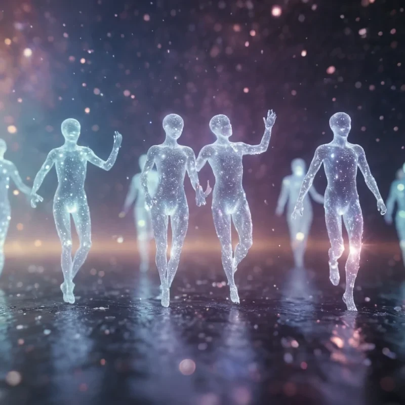 A group of tiny, glowing humanoids dancing on the surface of a giant, levitating crystal, each leaving trails of stardust, hyperrealistic, ultra HD, cinematic lighting, volumetric lighting, atmospheric effects, dynamic lighting, bokeh effect, soft focus, lens flare, pastel tones, detailed textures.