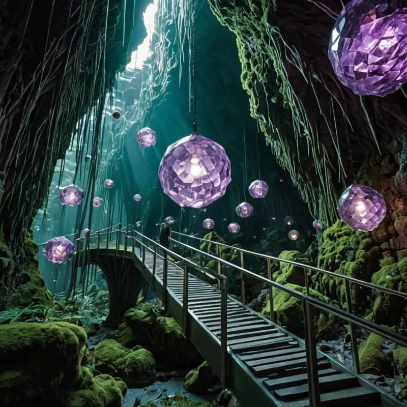 A lowangle, macro perspective of a vast, indoor ecosystem cultivated within the hollowedout interior of a colossal, geodelike crystal cavern. The walls are lined with jagged, translucent amethyst facets that refract a beam of pure, white sunlight into a spectrum of violet and lavender hues. Suspended in the center is a complex, floating labyrinth of thin, spunglass bridges and spiral staircases made of brushed gold, connecting clusters of oversized, glowing moss spheres that emit a soft, verdant bioluminescence. A figure dressed in a structured, avantgarde suit of iridescent, scalelike armor in shades of emerald and silver stands on one of the bridges, holding a lantern made of frosted quartz that pulses