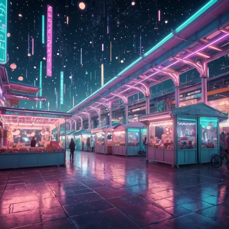 Hyperrealistic neon bazaar under the starry sky with reflective metallic stalls and holographic projections, dynamic shadows, bokeh effect, pastel tones, 4K