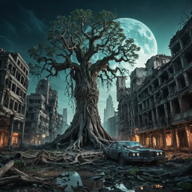 Create a surreal, ultraHD portrait of a sentient, ancient tree, its gnarled roots entwined with the ruins of a longforgotten, futuristic city. The trees bark is adorned with bioluminescent flora, casting an ethereal, volumetric glow on the crumbling skyscrapers and abandoned hovercars. In the distance, a colossal, crystalline moon looms, casting dramatic, cinematic shadows across the desolate landscape. The trees branches stretch out like welcoming arms, beckoning the viewer to explore its hidden, otherworldly ecosystem.