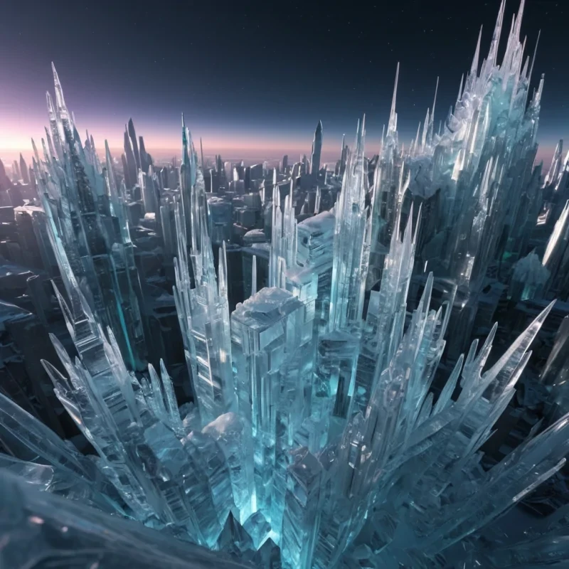 Photorealistic, colossal, undulating, translucent, ice crystal metropolis, its hyperrealistic, 4K, fractal, frostkissed structures unfurling ultra HD, zerogravity, auroralit ecosystems. Volumetric lighting from unseen, pulsating, bioluminescent hearts etches the citys ethereal, geometric architecture, casting intricate, dynamic, neon shadows on the inverted, reflective void. Cinematic lighting bathes the scene in vibrant, icy hues, with lens flare emphasizing the citys central, radiant, throbbing, crystalline heart, pulsating with captive, alien, auroral energy.