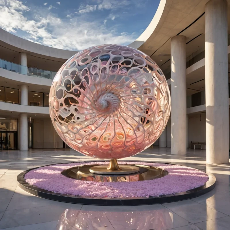 A hyperrealistic, eyelevel view of a vast, circular plaza paved with polished, iridescent motherofpearl tiles that reflect a sky filled with swirling, cottoncandy clouds in soft pinks and lavenders. In the center stands a colossal, abstract sculpture resembling a giant, unfurling nautilus shell made entirely of layered, translucent silk ribbons in varying shades of coral, gold, and pearl white. The ribbons are suspended in midair by invisible magnetic fields, creating a fluid, dynamic form that catches the warm, golden hour sunlight, casting intricate, lacelike shadows on the glossy floor. Surrounding the sculpture are rows of sleek, white benches made of smooth, matte ceramic, occupied by small, spherical drones