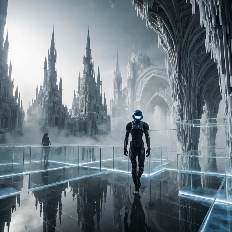 A hyperrealistic, eyelevel wide shot of a suspended, labyrinthine city built entirely from interlocking, translucent blocks of frozen, swirling smoke trapped in clear acrylic, floating in a vast, colorless void. The architecture features sharp, angular spires and smooth, curved bridges that connect the floating districts, with internal currents of gray and white vapor slowly drifting within the solid blocks, creating a sense of perpetual, silent motion. In the foreground, a solitary figure wearing a sleek, matteblack exosuit with glowing blue visor lights walks across a narrow, glass walkway, their reflection distorted by the shifting mist within the surrounding structures. The lighting is soft and diffuse, emanating from an unseen source above, casting gentle shadows and highlighting the